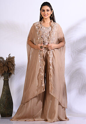 Hand Embroidered Organza Crop Top Set in Light Brown