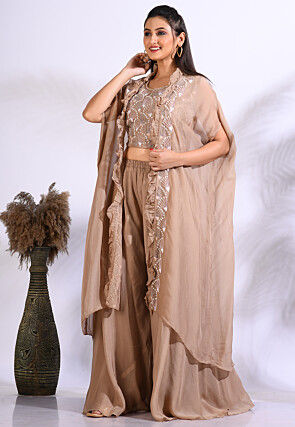 Hand Embroidered Organza Crop Top Set in Light Brown