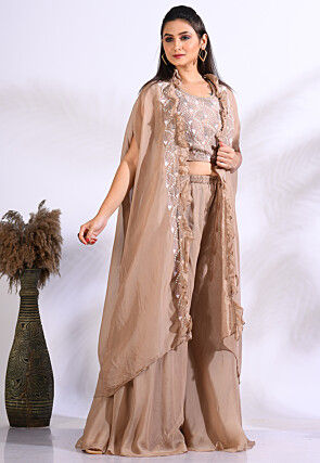 Hand Embroidered Organza Crop Top Set in Light Brown