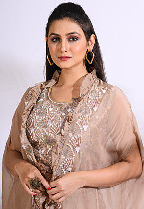 Hand Embroidered Organza Crop Top Set in Light Brown