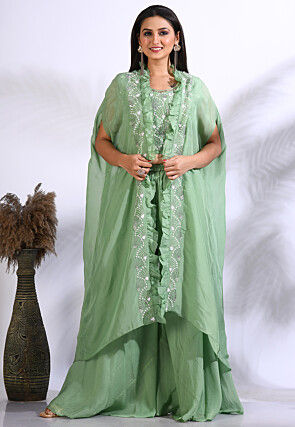 Hand Embroidered Organza Crop Top Set in Light Green