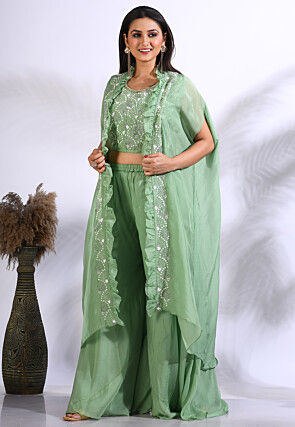 Hand Embroidered Organza Crop Top Set in Light Green