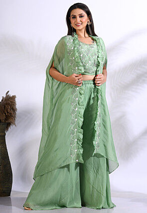 Hand Embroidered Organza Crop Top Set in Light Green