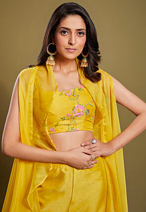 Hand Embroidered Organza Crop Top Set in Yellow