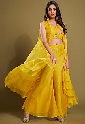 Hand Embroidered Organza Crop Top Set in Yellow
