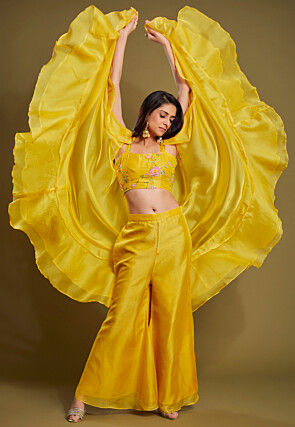 Hand Embroidered Organza Crop Top Set in Yellow