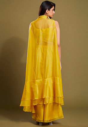 Hand Embroidered Organza Crop Top Set in Yellow