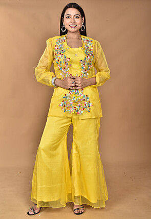 Hand Embroidered Organza Crop Top Set in Yellow