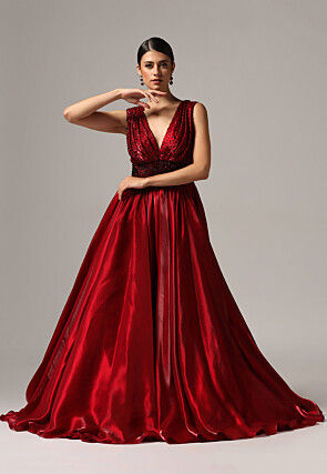 Hand Embroidered Organza Gown in Red