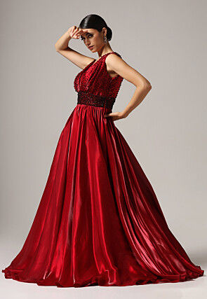 Hand Embroidered Organza Gown in Red