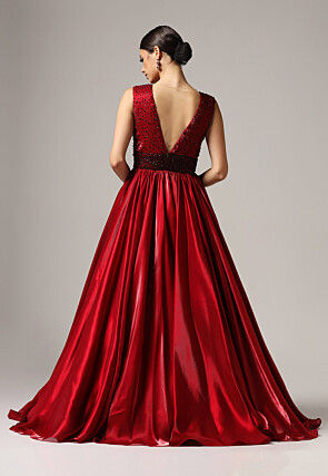 Hand Embroidered Organza Gown in Red