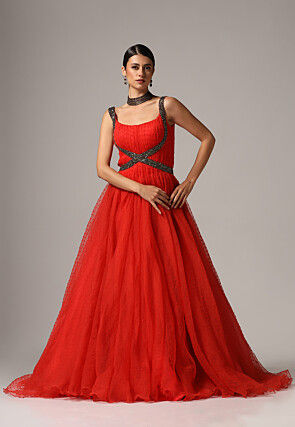 Hand Embroidered Organza Jacquard Gown in Red