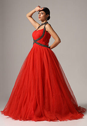 Hand Embroidered Organza Jacquard Gown in Red