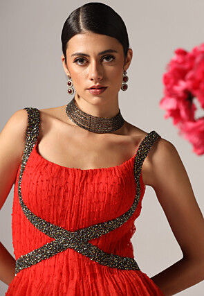 Hand Embroidered Organza Jacquard Gown in Red