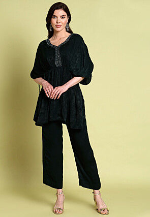 Hand Embroidered Organza Kimono Top Set in Dark Green