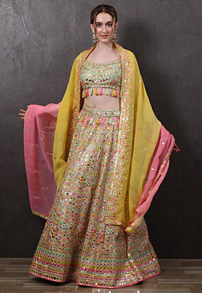 Hand Embroidered Organza Lehenga in Green