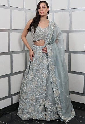 Hand Embroidered Organza Lehenga in Grey