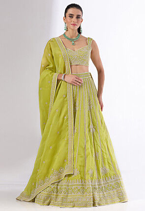 Hand Embroidered Organza Lehenga in Light Green