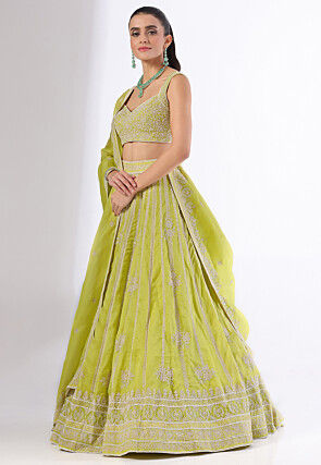 Hand Embroidered Organza Lehenga in Light Green