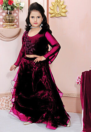 Hand Embroidered Organza Lehenga in Maroon