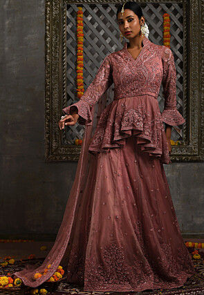 Hand Embroidered Organza Lehenga in Old Rose