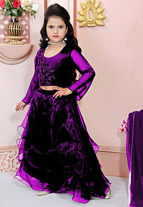 Hand Embroidered Organza Lehenga in Purple