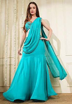 Hand Embroidered Organza Lehenga in Turquoise