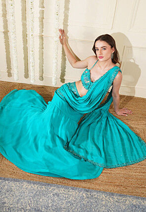 Hand Embroidered Organza Lehenga in Turquoise
