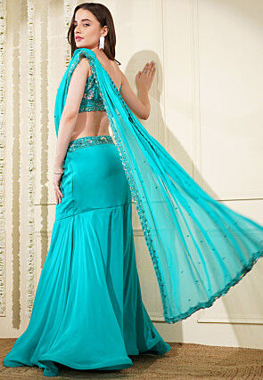 Hand Embroidered Organza Lehenga in Turquoise