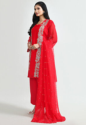 Hand Embroidered Organza Pakistani Suit in Fuchsia