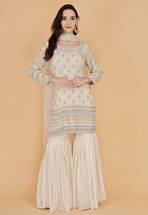 Hand Embroidered Organza Pakistani Suit in Light Beige