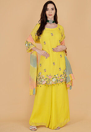 Hand Embroidered Organza Pakistani Suit in Yellow