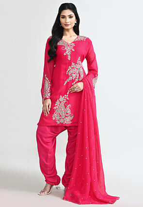 Hand Embroidered Organza Punjabi Suit in Fuchsia