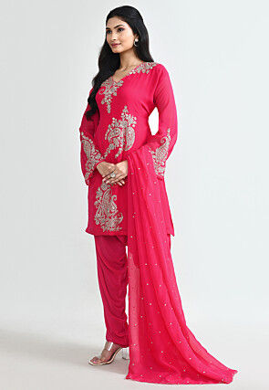 Hand Embroidered Organza Punjabi Suit in Fuchsia