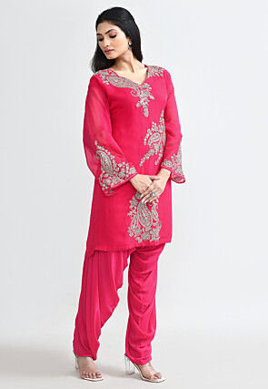 Hand Embroidered Organza Punjabi Suit in Fuchsia
