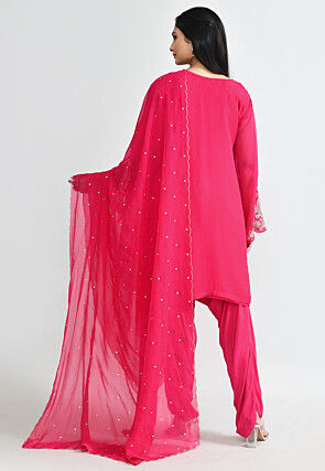 Hand Embroidered Organza Punjabi Suit in Fuchsia