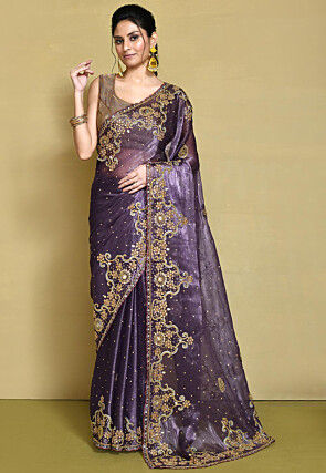 Hand Embroidered Organza Saree in Dark Violet