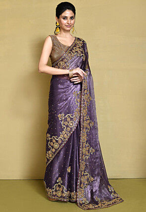 Hand Embroidered Organza Saree in Dark Violet