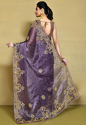 Hand Embroidered Organza Saree in Dark Violet