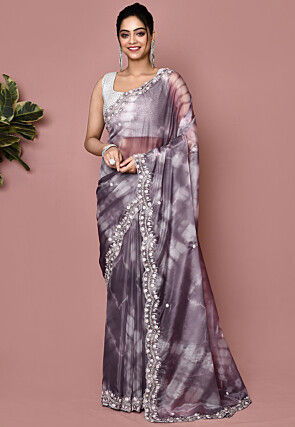 Hand Embroidered Organza Saree in Dusty Purple
