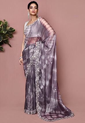 Hand Embroidered Organza Saree in Dusty Purple