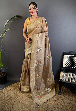 Hand Embroidered Organza Saree in Fawn