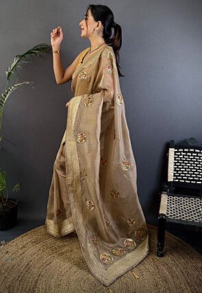 Hand Embroidered Organza Saree in Fawn