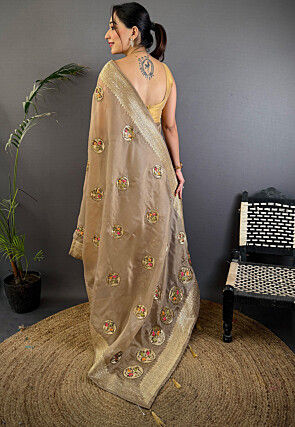 Hand Embroidered Organza Saree in Fawn