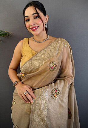 Hand Embroidered Organza Saree in Fawn