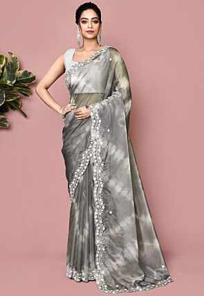 Hand Embroidered Organza Saree in Grey
