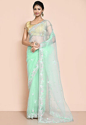 Hand Embroidered Organza Saree in Light Sea Green