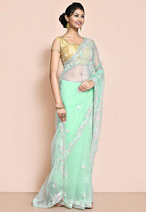 Hand Embroidered Organza Saree in Light Sea Green