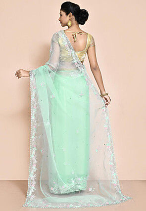 Hand Embroidered Organza Saree in Light Sea Green