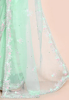 Hand Embroidered Organza Saree in Light Sea Green